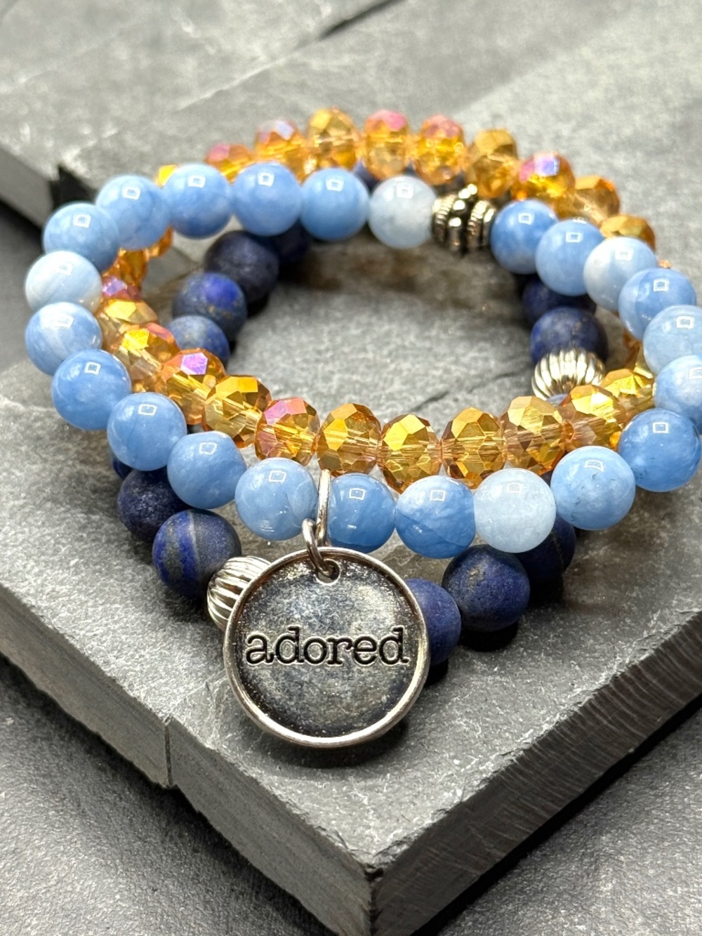 Aquamarine & Lapis Lazuli Beaded Bracelet Set with Charm, Handmade & Designed